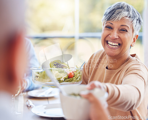 Image of Pass salad food, lunch and happy people at brunch celebration event for reunion, bonding and enjoy quality time together. Eating vegan meal, nutritionist or senior woman laugh at funny joke in Mexico