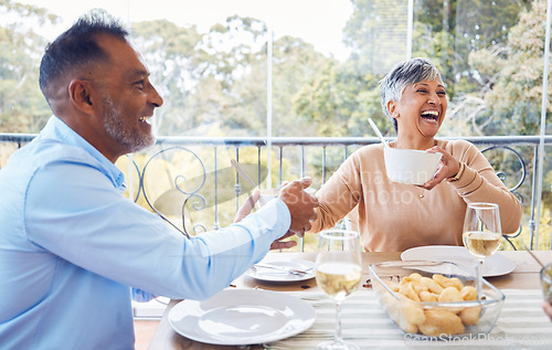 Image of Friends pass food, lunch and happy people at brunch celebration event for reunion, bonding and enjoy quality time together. Eating meal, smile and woman and man laugh at funny joke in Mexico home