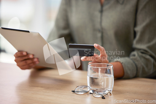 Image of Closeup, hands and tablet with woman, credit card and ecommerce with online shopping, bills and debt. Zoom, female and lady with device, transactions and payments for purchase, discount and sales