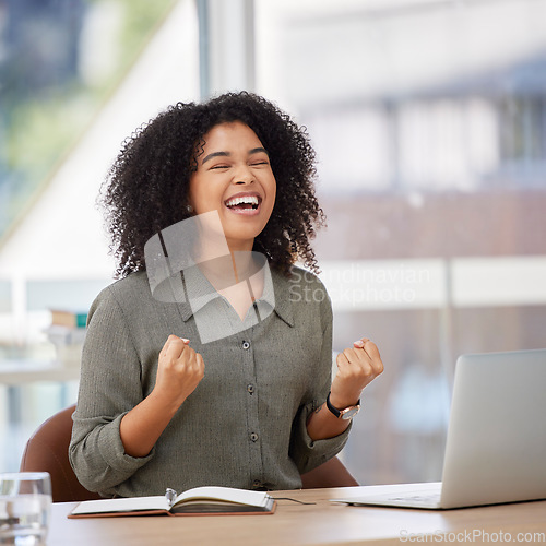 Image of Success, laptop and black woman celebrating in office, happy and excited for bonus target. Good news, email and corporate girl with winning results, achievement or project goal and victory in startup