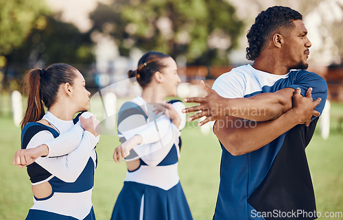 Image of Cheerleader, sport and team stretching outdoor for fitness, training and warm up workout for group. Teamwork of athlete women and men together for competition, support and motivation for cheerleading