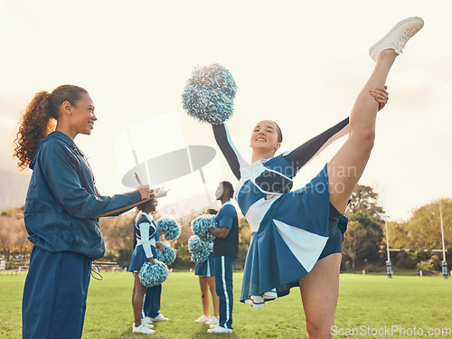 Image of Cheerleader, team coach and sports outdoor for fitness, training and warm up workout for group. Athlete woman and trainer together for competition, performance and motivation with cheerleading pompom