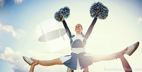 Image of Cheerleader woman, sky and sports performance with smile and energy to celebrate outdoor. Cheerleading person dance with team support, motivation and hands for training, workout or competition