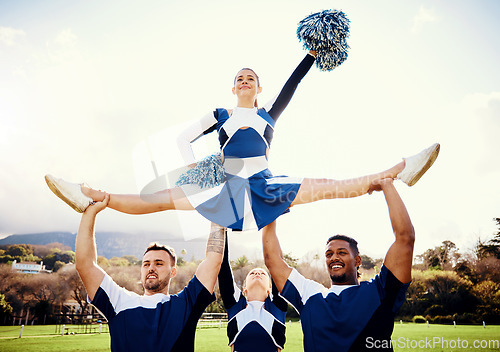 Image of Sports woman, sky and cheerleader performance with smile and energy to celebrate outdoor. Cheerleading person dance with team support, motivation and hands for training, workout or competition