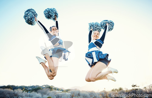 Image of Cheerleader, women team and sports jump outdoor for fitness, training and celebration for win. Teamwork of athlete people together for competition, blue sky and motivation for cheerleading portrait