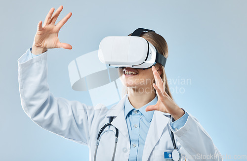 Image of Vr, medical and research with doctor and headset for augmented reality, healthcare and virtual analysis. Future, cyber and technology with woman and 3d touch for expert, medicine or science in studio