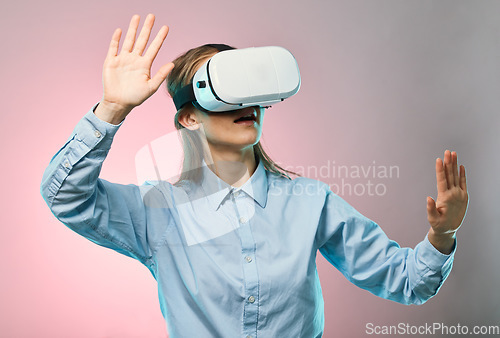 Image of Virtual reality headset, metaverse and futuristic tech, young woman on pink background, AI and user experience. Gen z, VR goggles and video gaming with gamer, cyber space and scifi in digital world