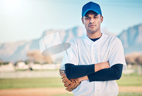 Image of Sports, baseball and portrait of man with glove on field ready for game, practice and competition. Fitness, motivation and male athlete with confident mindset for exercise, training and workout