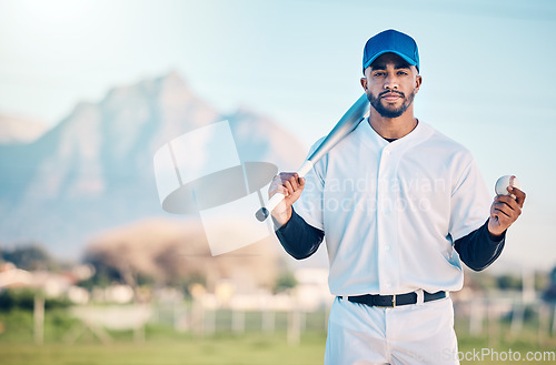 Image of Sports, baseball and portrait of man with bat on field ready for game, practice and competition mockup. Fitness, confident mindset and athlete outdoors for exercise, training and workout for match