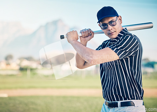 Image of Baseball player, man with bat and sports outdoor with athlete, exercise and professional, ready to hit and mockup. Playing game, fitness and pitch with active lifestyle, training and focus in Cuba
