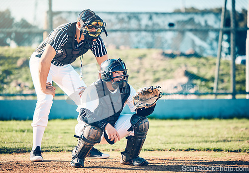 Image of Sports, umpire and baseball with man on field for fitness, training and competition match. Strike, home run and catcher with athlete playing game in park stadium for league, pitchers and exercise