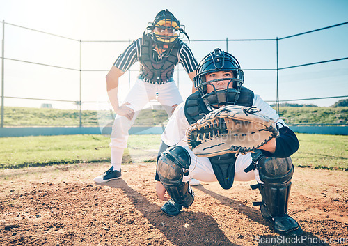 Image of Sports, baseball and catcher with man on field for fitness, pitching and championship training. Workout, umpire and exercise with athlete playing at stadium for competition match, cardio and league