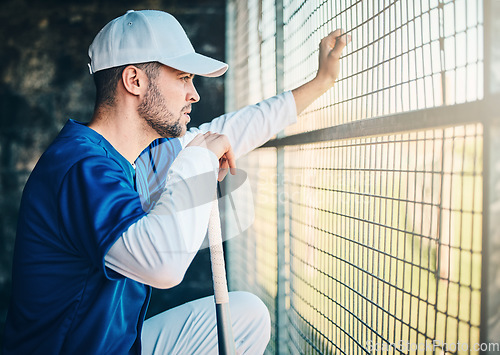 Image of Baseball, dugout and man watching game holding bat, concentration, competition and sport. Fitness, health and serious sports player waiting for turn to play in fun practice match at stadium or field.