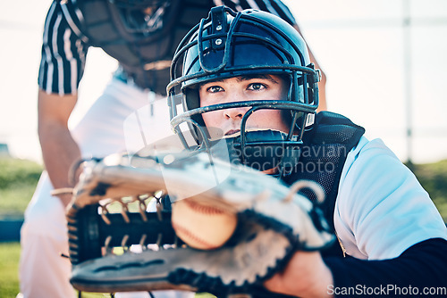 Image of Baseball, catcher and fitness with man on field for training, umpire and sports competition. Workout, exercise and pitching with athlete playing in park stadium for games, match and wellness