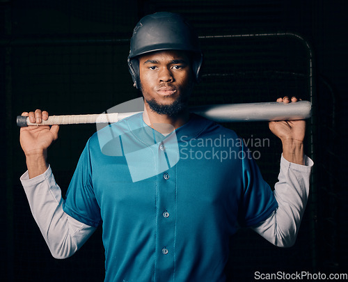 Image of Sports, baseball and portrait of black man with bat on dark background ready for game, practice and competition. Fitness, sport mockup and male athlete for exercise, training and workout for match