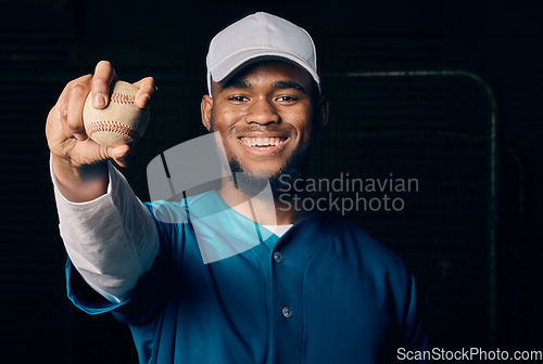 Image of Sports, baseball and smile with portrait of black man for training, wellness and happiness. Strong, professional and pitching with athlete holding ball for workout, health and competition match