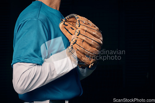 Image of Baseball pitcher, hand and glove in studio for sport, training and throwing by black background. Man, cropped and hands for exercise, strikeout or athlete with sports, game or competition for workout