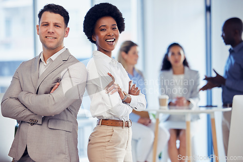 Image of Business man, black woman and arms crossed in partnership portrait for motivation, teamwork and smile. Happy businessman, corporate leadership and team building with diversity, support and solidarity