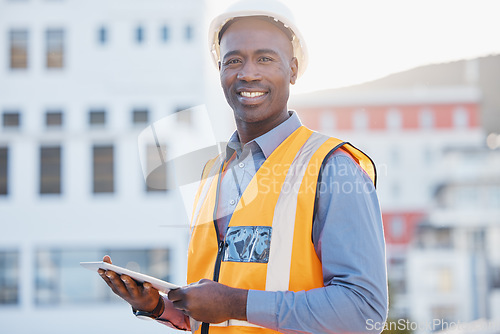 Image of Engineering, tablet and portrait of black man in city for construction, building and architecture. Maintenance, inspection and technology with employee for contractor, digital and project management