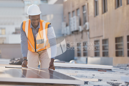 Image of Black man working, engineer and solar panel electrician with sustainable installation outdoor. Businessman, renewable energy and industrial eco friendly panels of maintenance employee and handyman