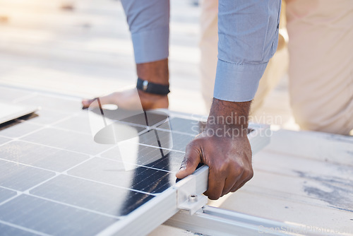 Image of Black man hands, engineer and solar panel grid of construction worker technician outdoor. Businessman, renewable energy and industrial eco friendly panels of maintenance employee and handyman