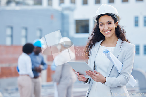 Image of Architecture, tablet and portrait with black woman in city for construction blueprint, building or engineering. Maintenance, inspection and technology with employee for contractor, digital or project