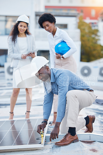 Image of Black man, engineer team and solar panel with construction worker technician outdoor. Businessman, renewable energy staff and industrial eco friendly panels of maintenance employee and handyman