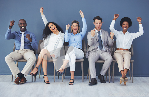 Image of Business people, diversity and celebration in waiting room for recruitment, winning or hiring success at the office. Happy group of intern candidates celebrating victory, win or achievement for hired