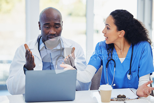 Image of Healthcare, crisis and doctors argue, stress or panic on laptop, calendar or surgery schedule fail at hospital. Clinic, chaos and black woman angry, frustrated and shout at colleague online mistake