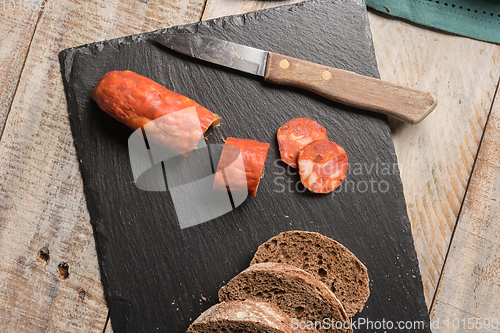 Image of Malt loaf bread and chorizo slices