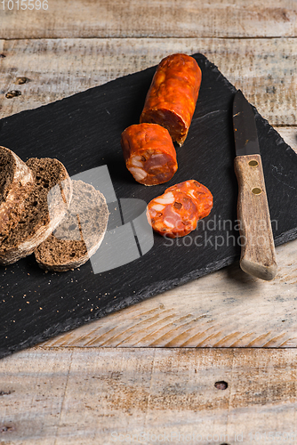 Image of Malt loaf bread and chorizo slices