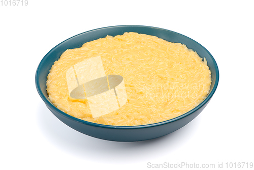 Image of Vermicelli desert on a blue ceramic plate