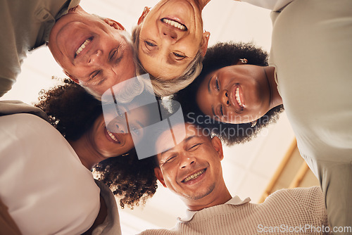 Image of Happy portrait, diversity face and business people smile for startup growth, company solidarity or office collaboration. Corporate group, teamwork and below view of design team with community support