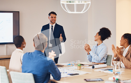 Image of Thumbs up, CEO presentation or happy business people meeting together in b2b group or startup project. Success, applause or employees smile planning our vision, mission strategy or agency team goals