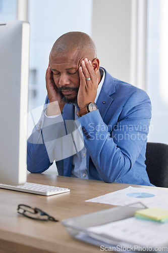 Image of Headache of tired professional man on computer for project deadline, mental health or career anxiety problem. Sad, depression and burnout of business person or employee fatigue, stress and overworked