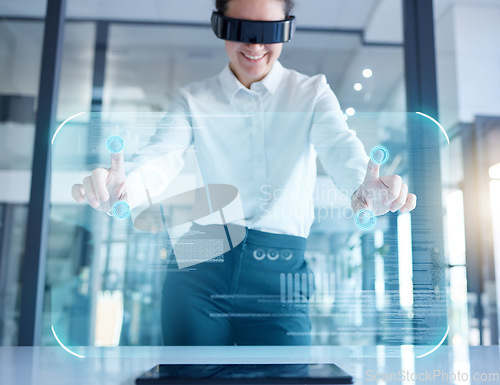 Image of Business woman, hands and VR with 3D UI hologram in digital transformation, analytics or data innovation. Female in virtual reality with headset for futuristic technology, UX or holographic display