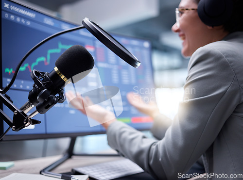 Image of Stock market podcast, microphone and live streaming of investment growth with radio presenter. Fintech influencer, stocks chat and trading information communication of social media online speaker
