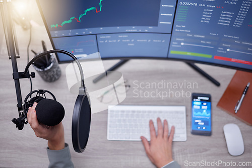 Image of Microphone, person hands and podcast studio, computer screen and stock market news, radio or audio update. Mic, sound technology and reporter on pc monitor for broadcast, trading and statistics above