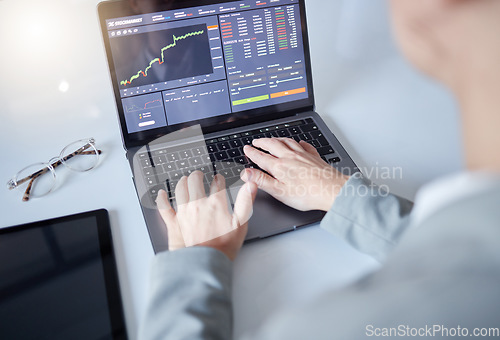 Image of Hands, laptop and trading in cryptocurrency, bitcoin or blockchain monitoring, chart or profit of investment. Hand of trader, investor or broker with computer on stock market for NFT or ecommerce