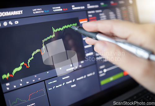 Image of Hands, laptop and monitoring stock market chart or graph for trading, cryptocurrency or profit of investment. Hand of trader, investor or broker on computer checking candle stick increase to invest