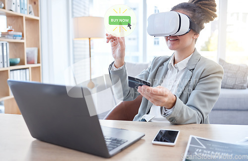 Image of Woman, laptop and ecommerce with credit card in virtual reality for online shopping or banking at office desk. Happy female shopper with headset for futuristic networking, metaverse or VR transaction