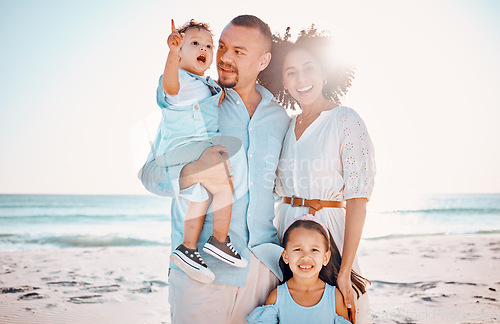 Image of Happy portrait, beach sunshine and family bond, relax or enjoy quality time together for vacation, holiday peace or freedom. Sea water, outdoor travel or nature people love in Rio de Janeiro Brazil