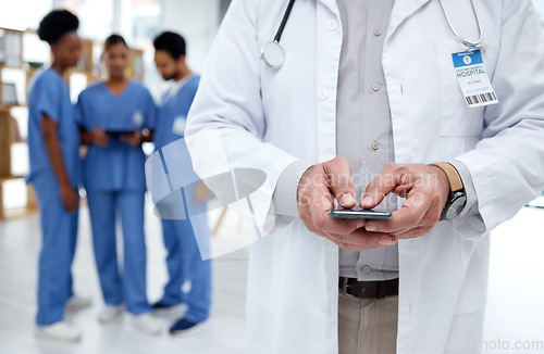 Image of Healthcare, hospital and hands of doctor with phone for research, telehealth and medical consulting. Nurse team, clinic and health worker on smartphone for patient data, wellness app and internet