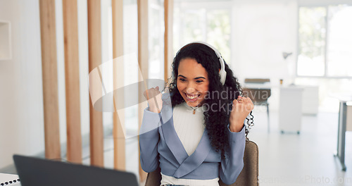 Image of Phone call, communication and business black woman at desk in conversation, discussion and b2b networking. Technology, success and female employee with laptop for planning, schedule and strategy