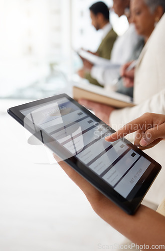 Image of Hands, tablet and job listing advertising for hiring, opportunity or recruiting agency at the office. Hand of recruiter or intern searching online on touchscreen screen for recruitment or employment