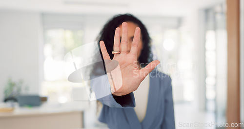 Image of Business woman and face with stop hand for assertive and serious gesture for rejection at workplace. Corporate black woman in office portrait with palm zoom for warning, discrimination or harassment