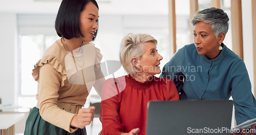 Image of Laptop, face and senior business woman doing feedback review of financial portfolio, stock market or investment. Online research, bitcoin mining and portrait of trader trading nft, forex or crypto