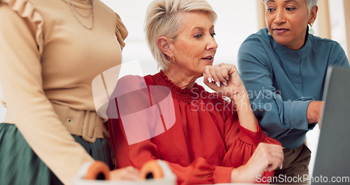 Image of Laptop, face and senior business woman doing feedback review of financial portfolio, stock market or investment. Online research, bitcoin mining and portrait of trader trading nft, forex or crypto