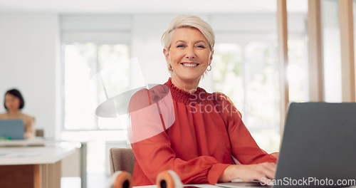 Image of Laptop, face and senior business woman doing feedback review of financial portfolio, stock market or investment. Online research, bitcoin mining and portrait of trader trading nft, forex or crypto