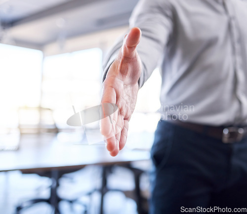 Image of Welcome, opportunity and business man with a handshake in office for recruitment, onboarding or hiring. Partnership, collaboration and professional shaking hands for contract, agreement and deal.